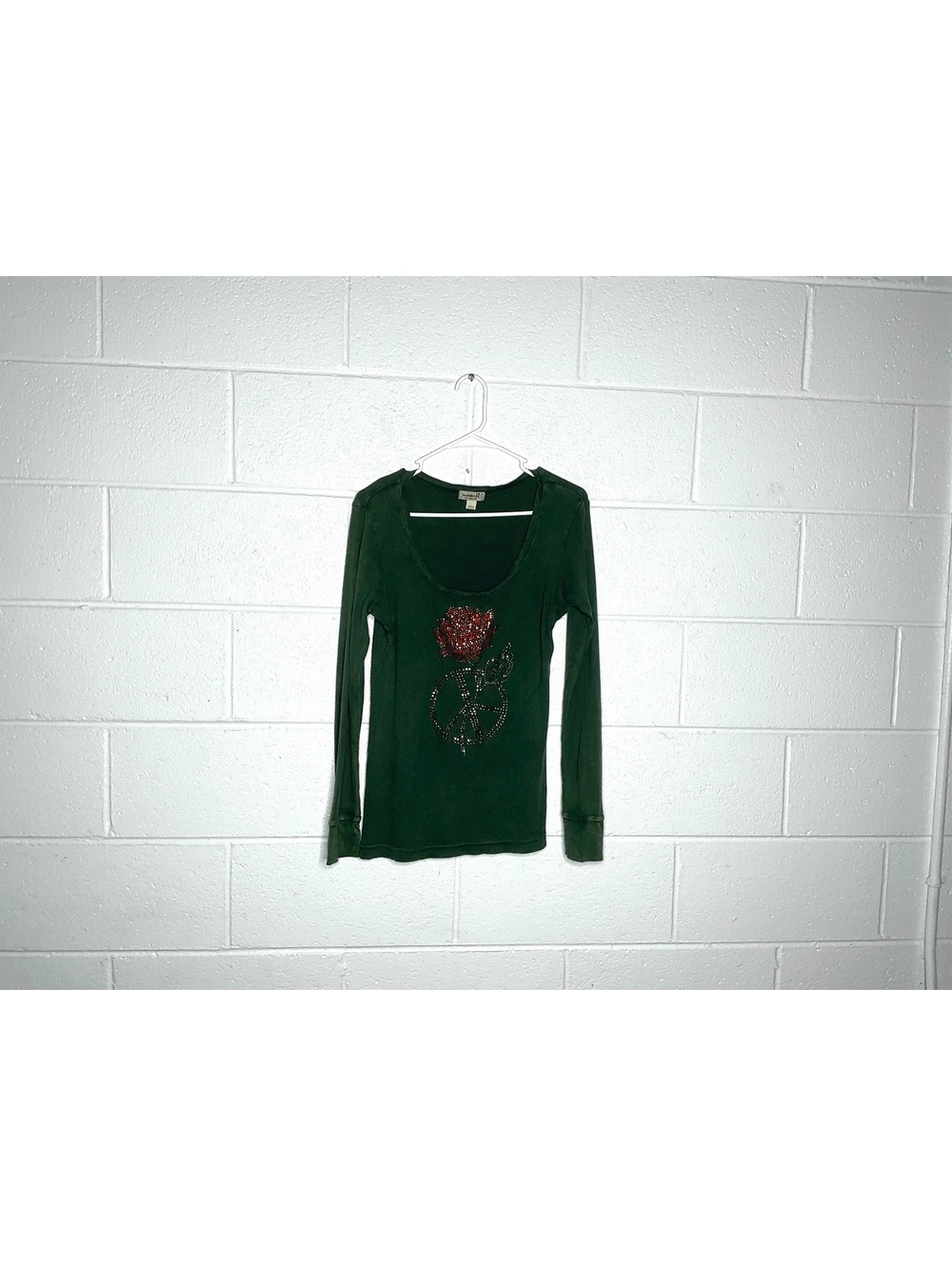 One World Rose/Peace Sign Rhinestone Embellished Long Sleeve Top